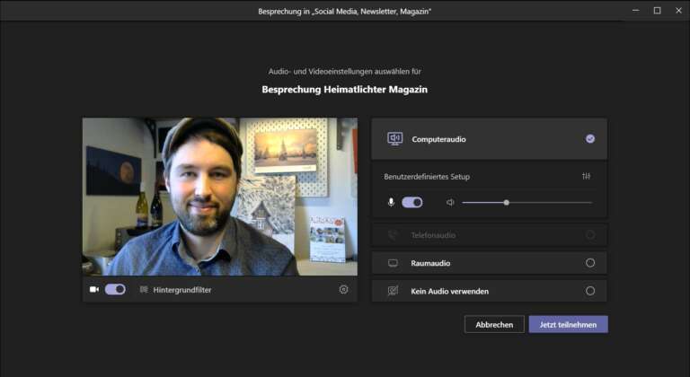 Vor dem Eintritt in das Meeting auf "Hintergrundfilter" klicken