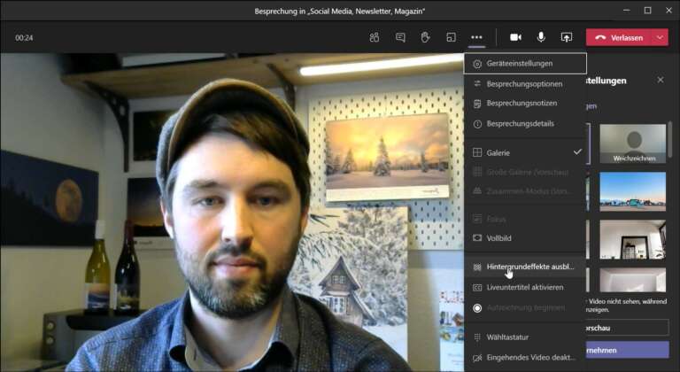 In einem laufenden Meeting oben auf die drei Punkte und dann "Hintergrundeffekte" klicken.
