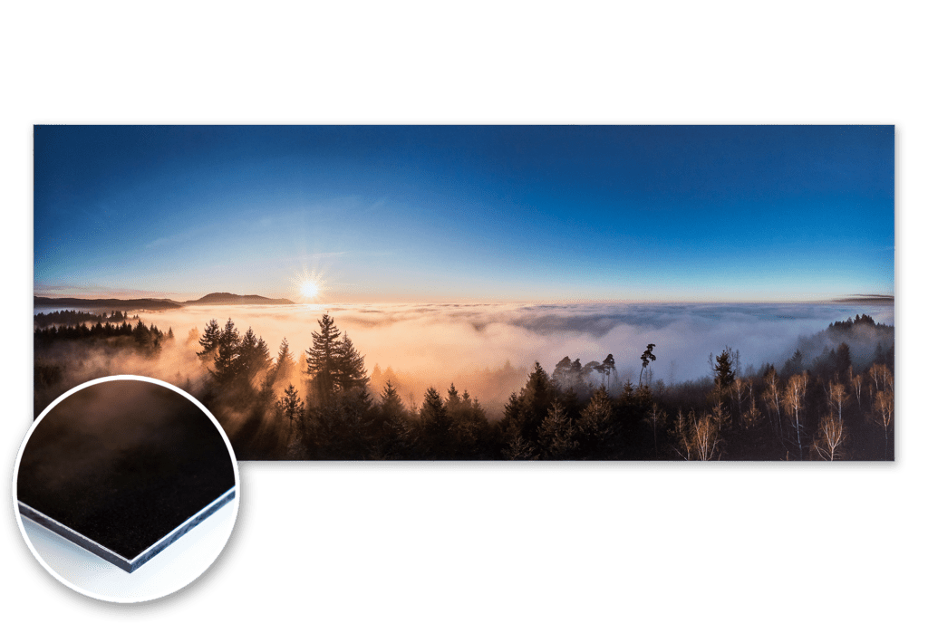Ein Foto aus dem Schwarzwald mit Wald, Sonne und Nebel, gedruckt im UV-Direktdruck auf Alu-Dibond