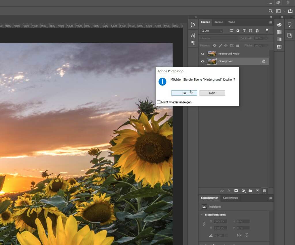 Anleitung: Schatten oder Rahmen hinter Foto mit Photoshop einfügen für eine virtuelle Ausstellung mit VR-EASY - Hintergrundebene löschen
