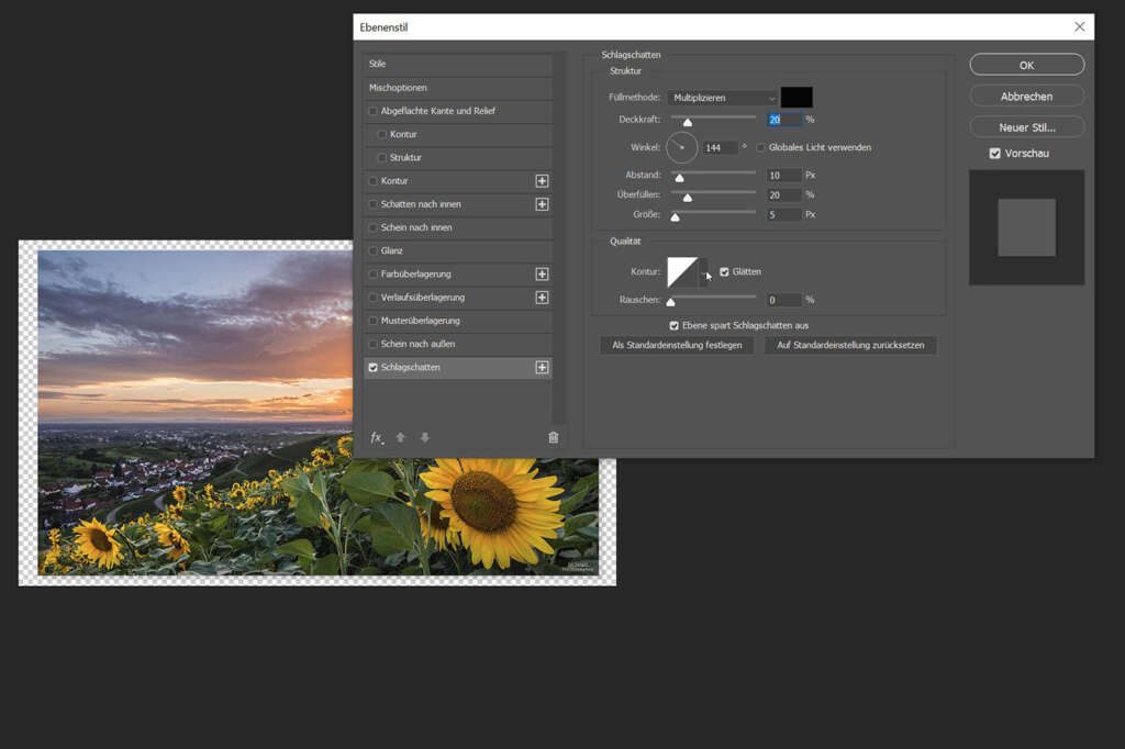 Anleitung: Schatten oder Rahmen hinter Foto mit Photoshop einfügen für eine virtuelle Ausstellung mit VR-EASY - Schatten hinterlegen