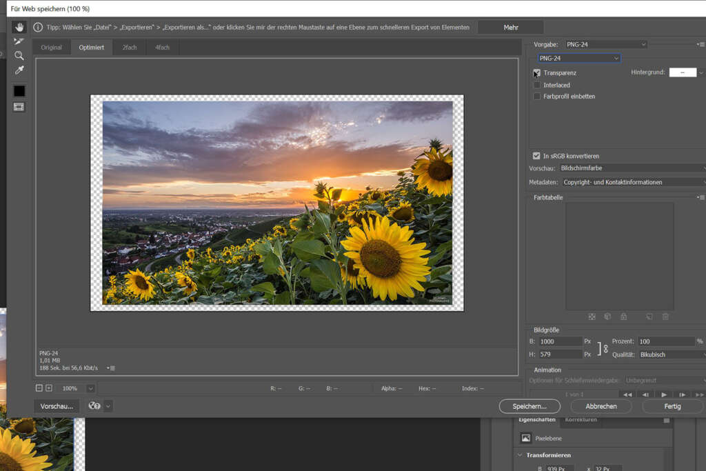 Anleitung: Schatten oder Rahmen hinter Foto mit Photoshop einfügen für eine virtuelle Ausstellung mit VR-EASY - Exportieren als PNG Datei