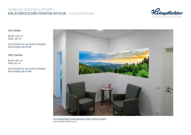 Wandbild von Heimatfotos.de in der DRK Tagespflege Bühl - Ausblick vom Schliffkopf über den Schwarzwald - Panorama Fine Art Druck hinter mattes Acrylglas - Deutsches Rotes Kreuz - Foto von Heimatlicht Robert Laun