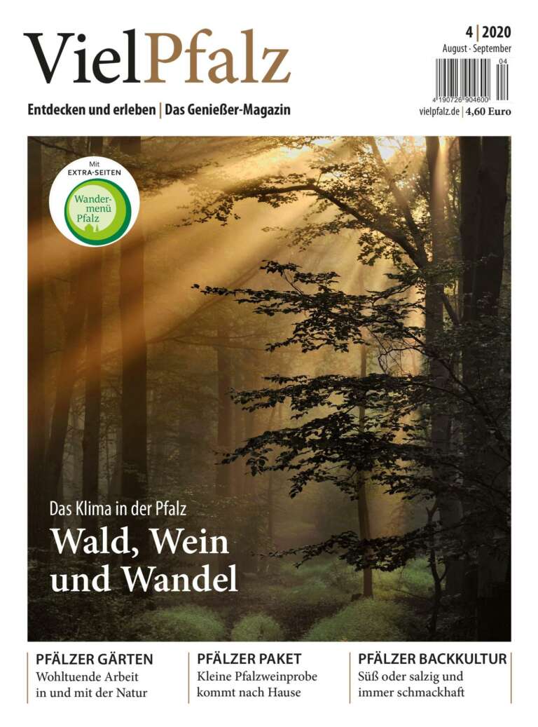 Titelseite Magazin VielPfalz - VielPfalz, Entdecke und erleben, Das Genießer-Magazin. Themen: Das Klima in der Pfalz - Wald, Wein und Wandel, Pfälzer Gärten - Wohltuende Arbeit in und mit der Natur, Pfälzer Paket - Kleine Pfalzweinprobe kommt nach Hause, Pfälzer Backkultur - Süß oder salzig und immer schmackhaft