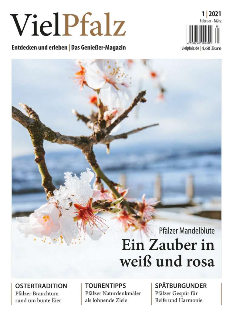 Titelseite Magazin VielPfalz - VielPfalz, Entdecke und erleben, Das Genießer-Magazin. Themen: Pfälzer Mandelblüte - Ein Zauber in weiß und rosa, Ostertradition - Pfälzer Brauchtum rund um bunte Eier, Tourentipps - Pfälzer Naturdenkmäler als lohnende Ziele, Spätburgunder - Pfälzer Gespür für Reife und Harmonie