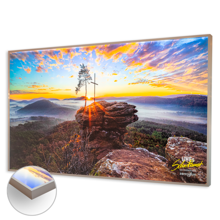 Produktbild eines Acrylglas-Leuchtkastens im Halbe-Magnetrahmen mit LED-Matrix-Beleuchtung und einem Motiv aus dem Pfälzerwald