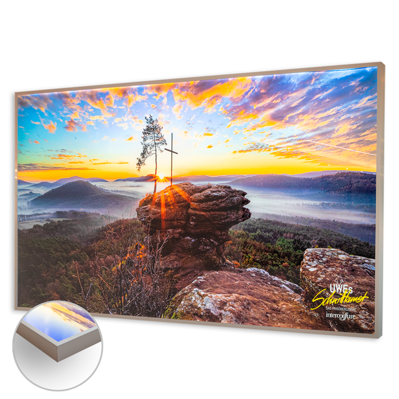 Produktbild eines Acrylglas-Leuchtkastens im Halbe-Magnetrahmen mit LED-Matrix-Beleuchtung und einem Motiv aus dem Pfälzerwald