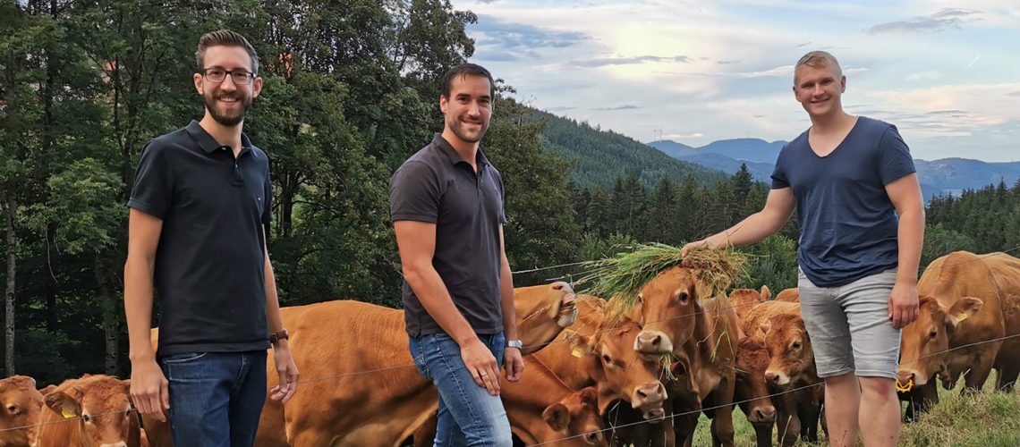 Die Gründer von DeinDorfleben stehen mit einem Bauern im Schwarzwald vor einer Kuhweide